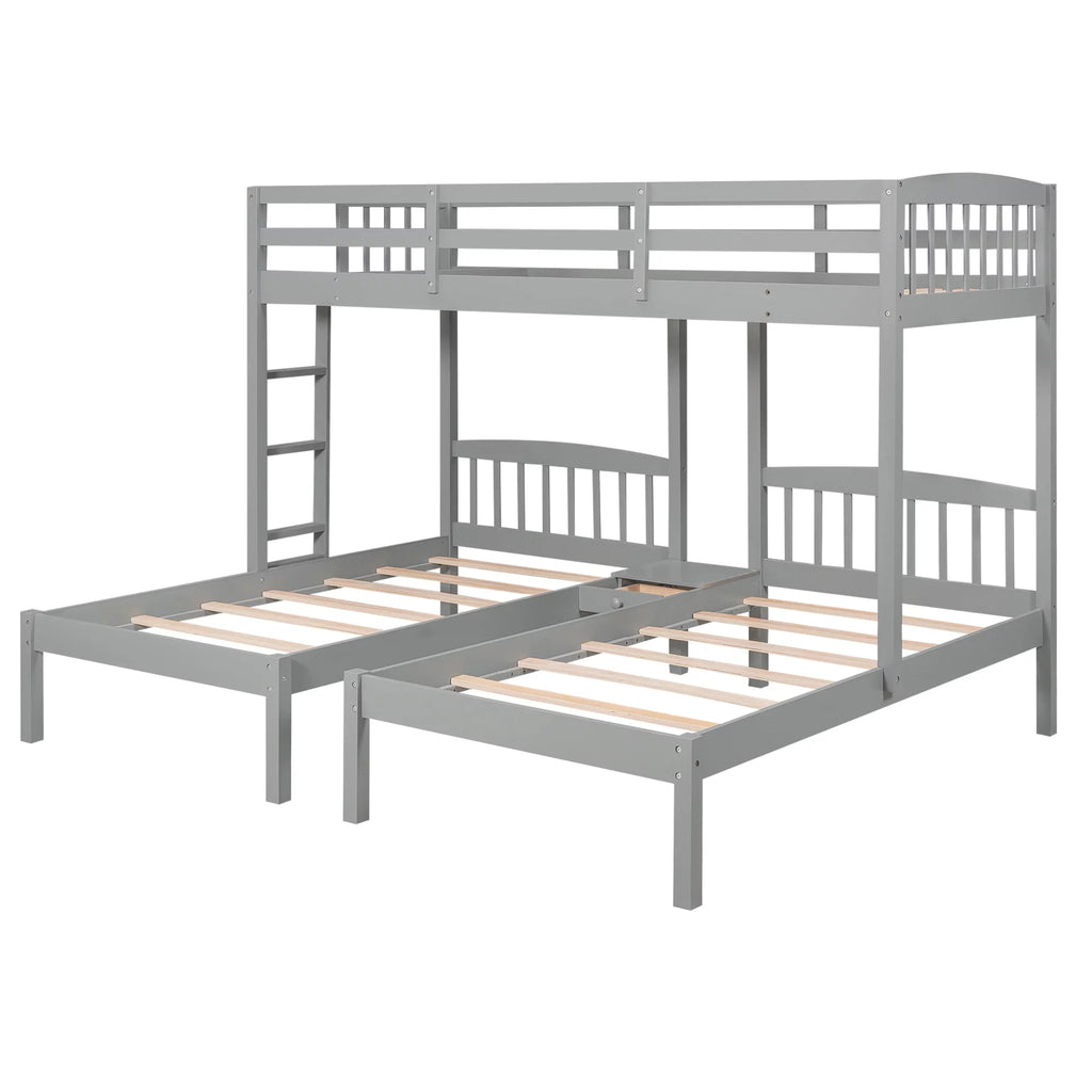 Triple Twin Solid Wood Bunk Beds with Guardrail and Ladder and Built-in Middle Drawer T61361