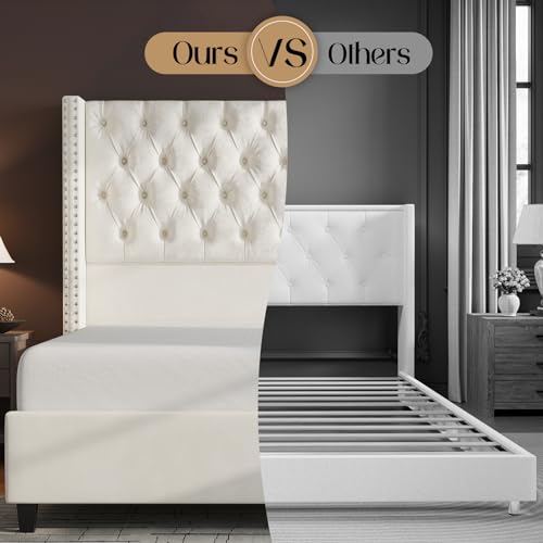 King Upholstered Bed Frame with Tall Headboard Wingback Platform Bed Tufted Deep Button Velvet Light Grey C724306