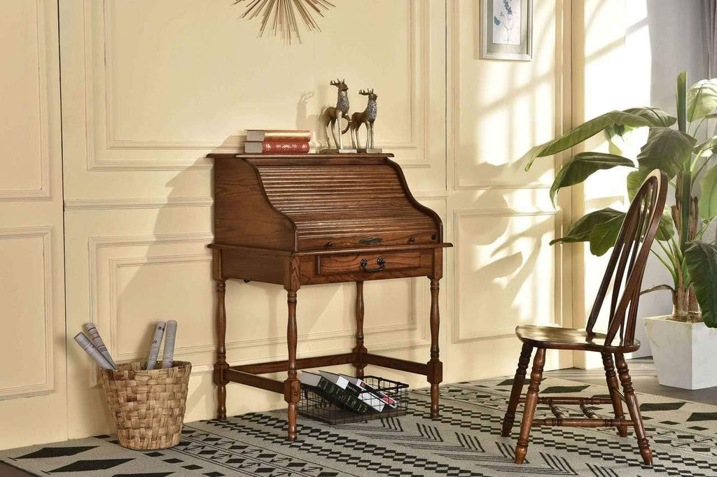Mini Roll Top Desk Solid Oak Wood Burnished Walnut Finish R6677