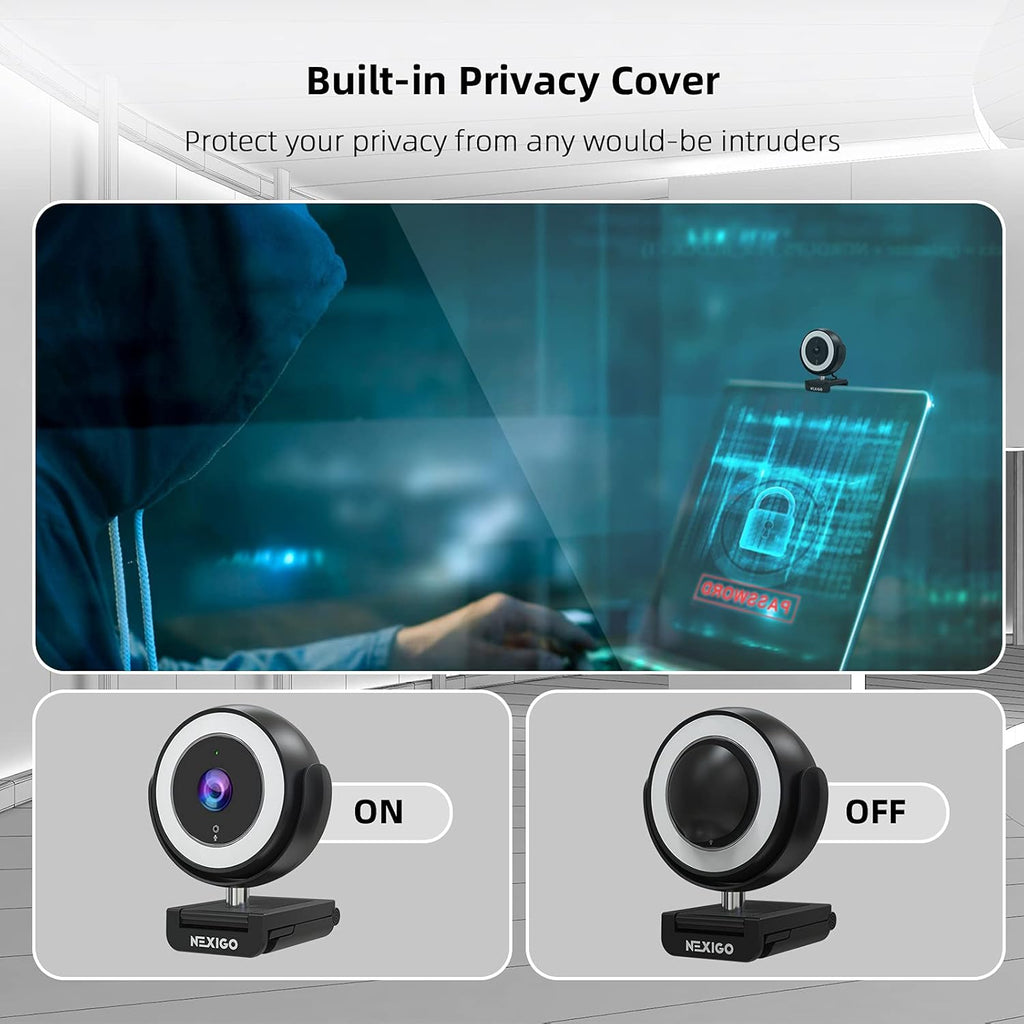 1080P Webcam with Ring Light, Privacy Cover, Noise Reduction Mics, Black S73776