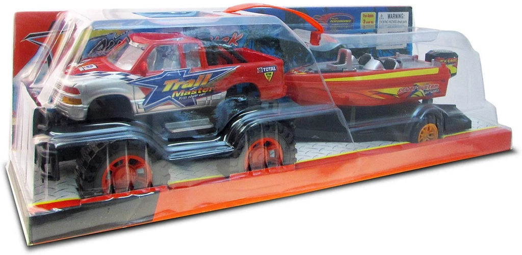 Red Black 9 Inch Truck with Detachable Trailer and 10 Inch Boat Friction Push Powered Playset Y956