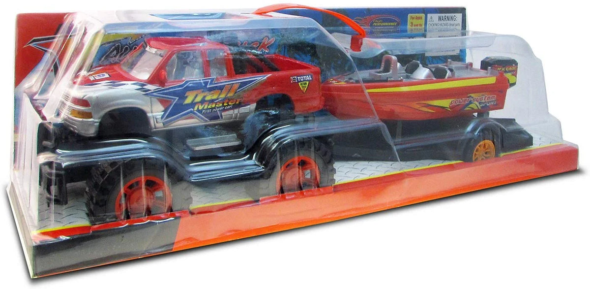 Red Black 9 Inch Truck with Detachable Trailer and 10 Inch Boat Friction Push Powered Playset Y956