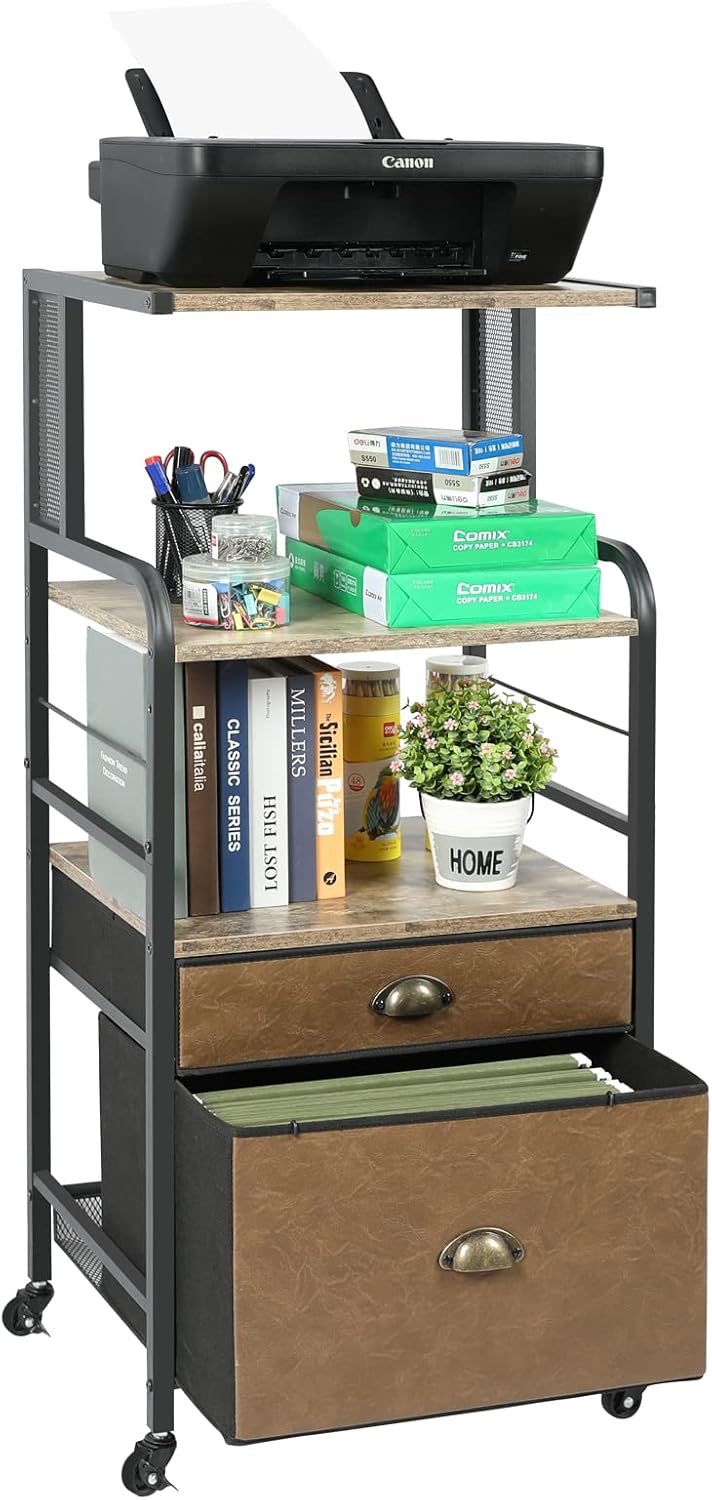 Mobile Printer Stand with File Cabinet, 3 Tier Rolling Cart with 2 Drawers Y58656