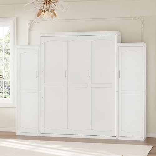 Queen Murphy Bed with 2 Wardrobes and Storage Shelf White B118469