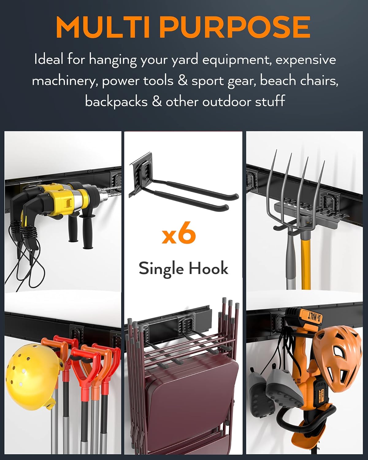 Heavy Duty Garage Storage Tool Organizer Wall Mount Rack with 6 Long Hooks, 48 Inch, Pack of 2 Y1274