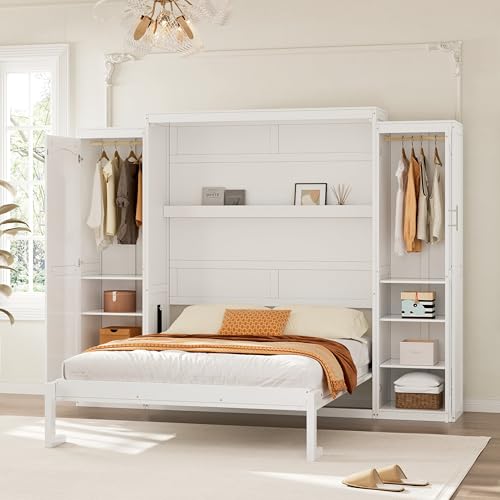 Queen Murphy Bed with 2 Wardrobes and Storage Shelf White B118469