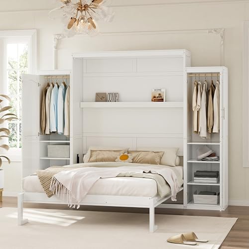 Queen Murphy Bed with 2 Wardrobes and Storage Shelf White B118469