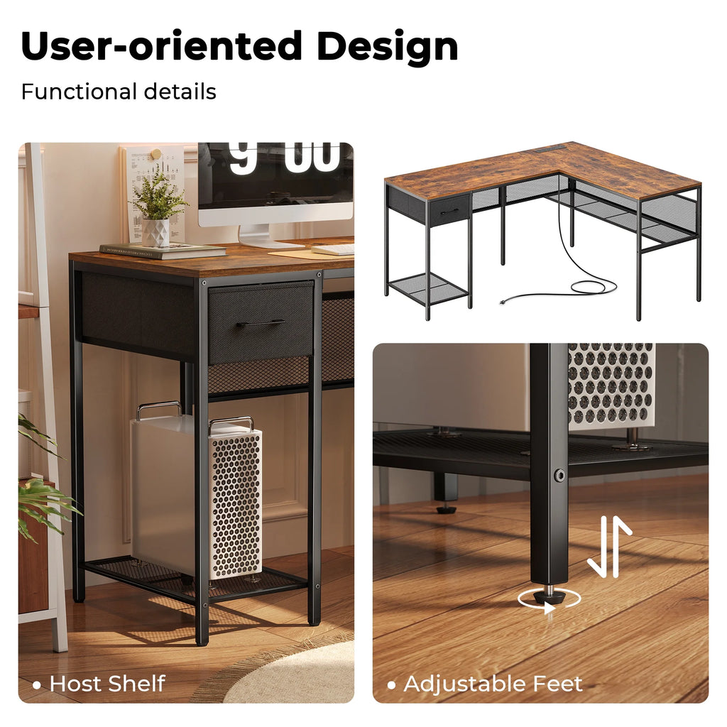 L Shaped Desk with Power Outlets and Storage Shelves R3728