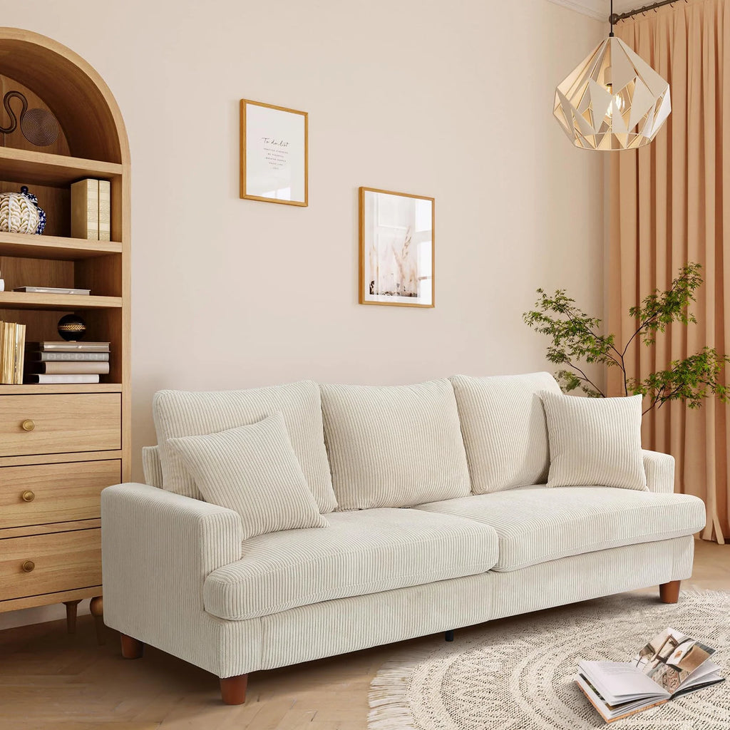 Beige 87" Corduroy 3 Seater Sofa with 2 Pillows H19363