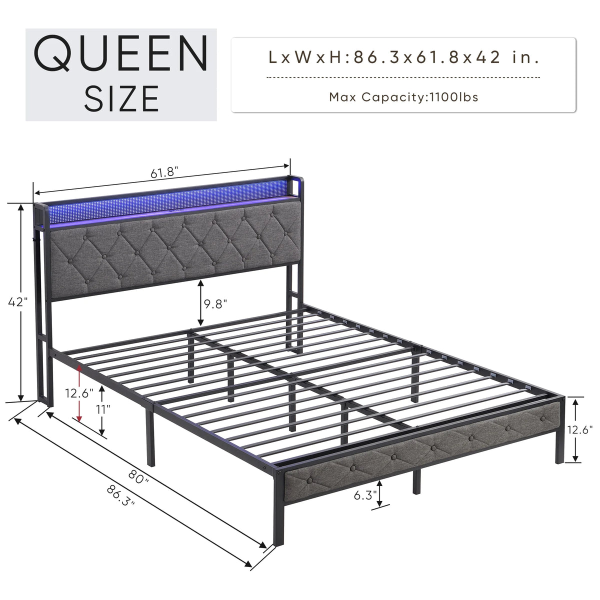 Full Size Upholstered Platform Bed with Storage Headboard S26693