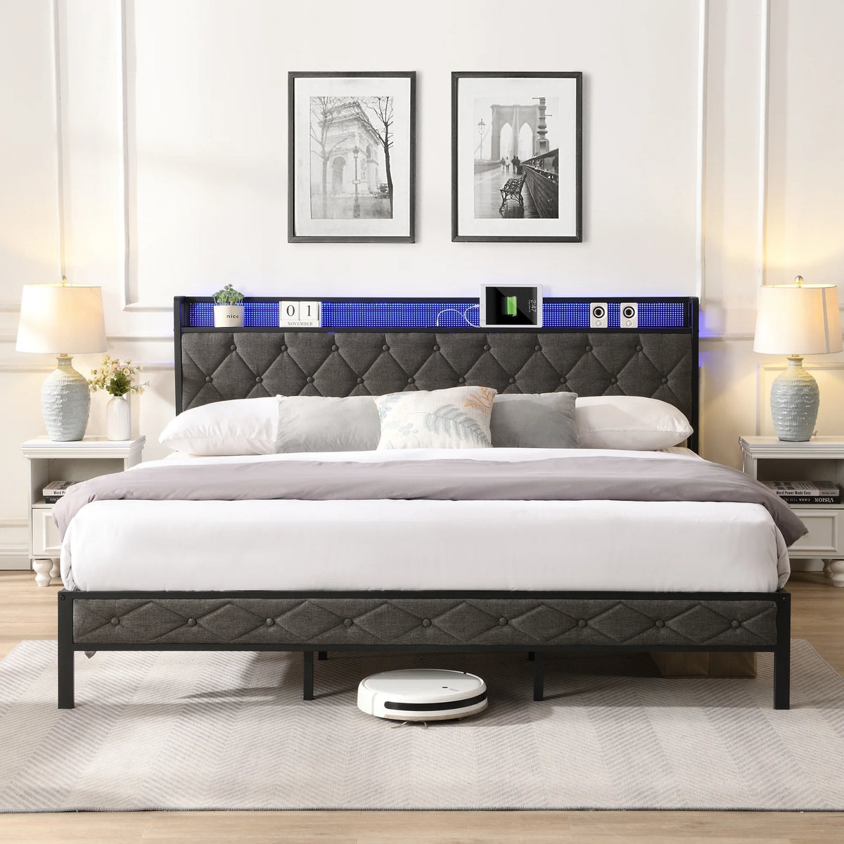 Full Size Upholstered Platform Bed with Storage Headboard S26693
