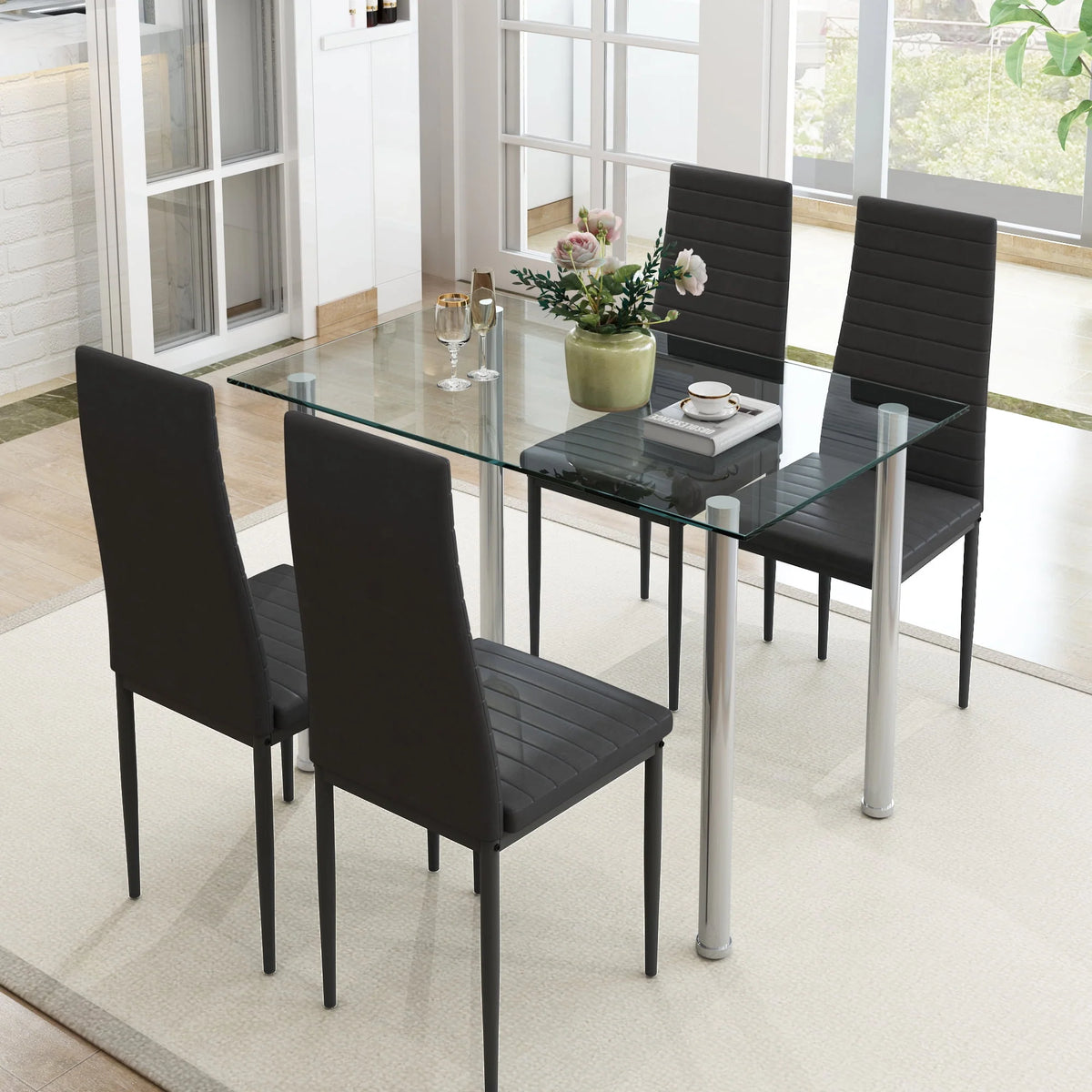 5-Piece Faux Marble Top Velvet Dining Table Set L5169