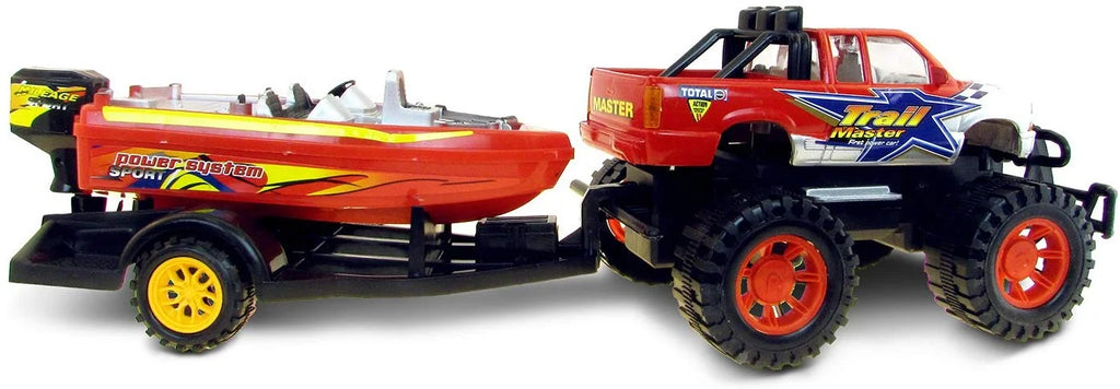 Red Black 9 Inch Truck with Detachable Trailer and 10 Inch Boat Friction Push Powered Playset Y956
