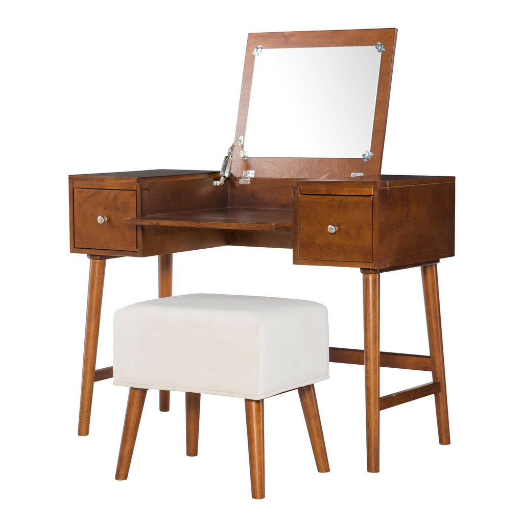 Walnut Brown Mid Century Vanity Set with Mirror and Stool M41896