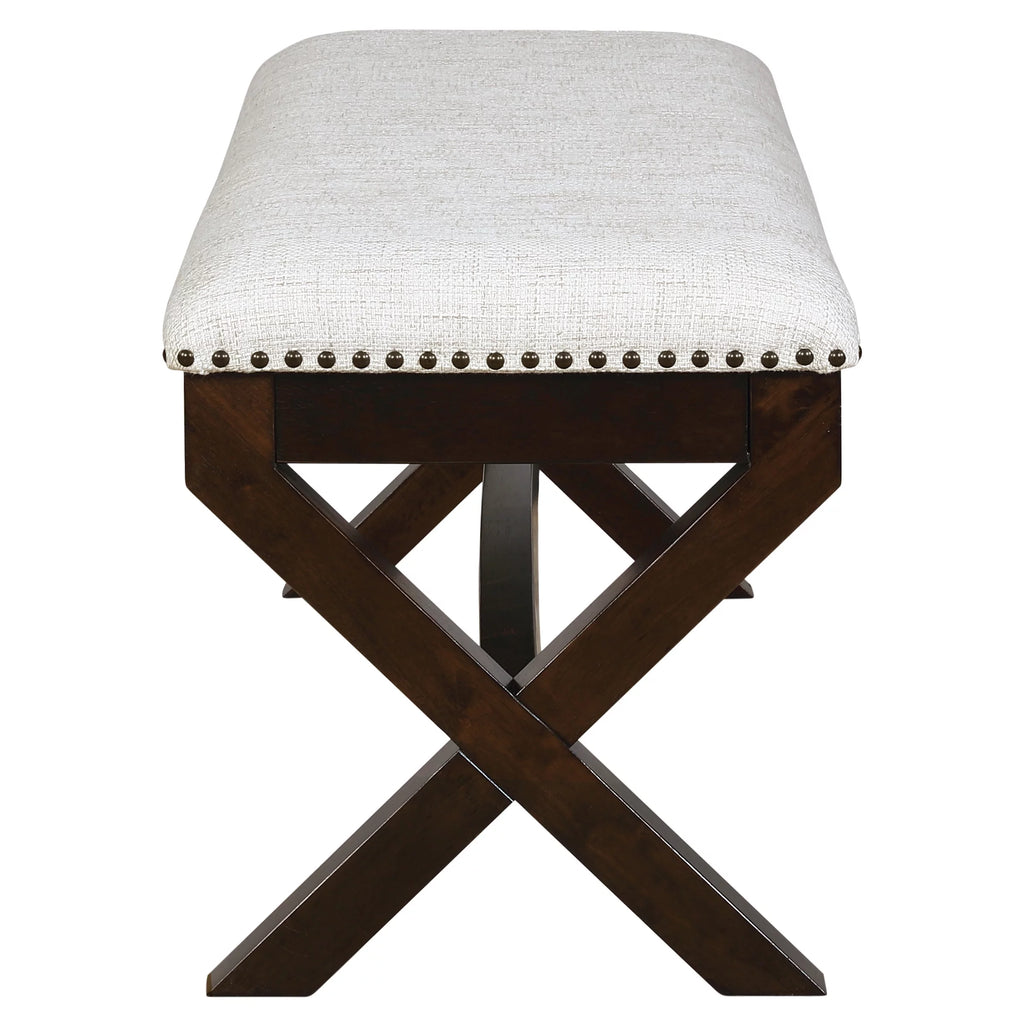 Linen White Fabric Bench with Dark Walnut Base H796