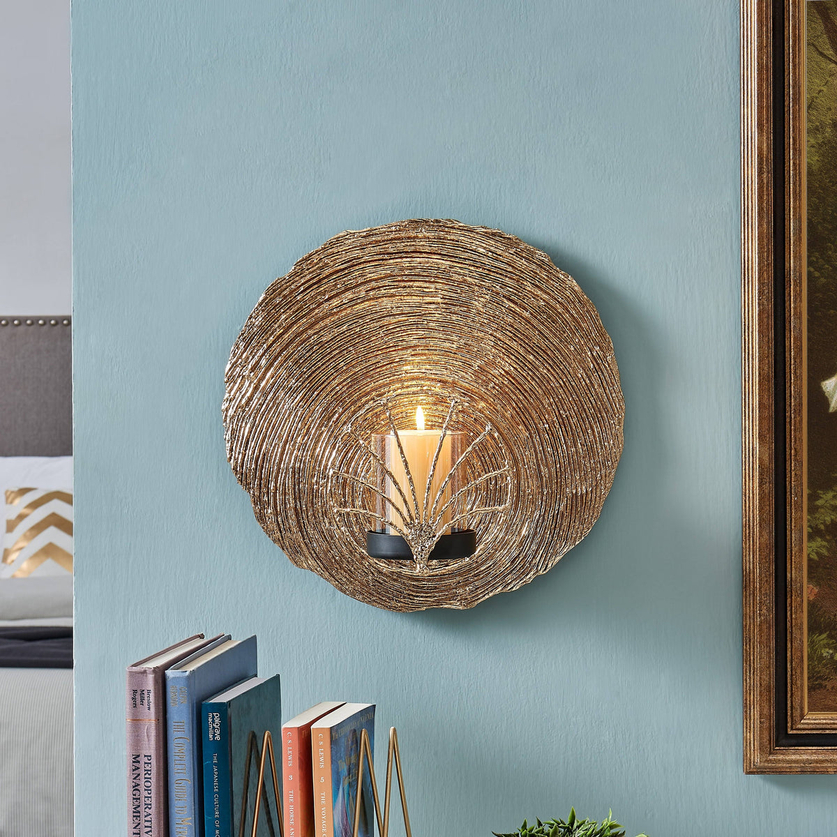 13x22 Round Gold Wall Candle Sconce with Glass Hurricane P8881
