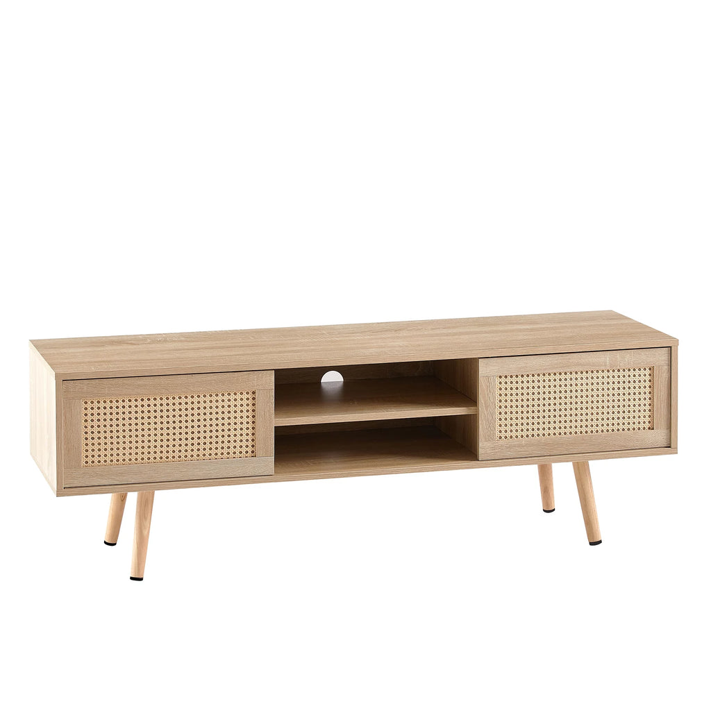 55.12" Rattan TV Cabinet with Sliding Doors and Adjustable Shelf V6633
