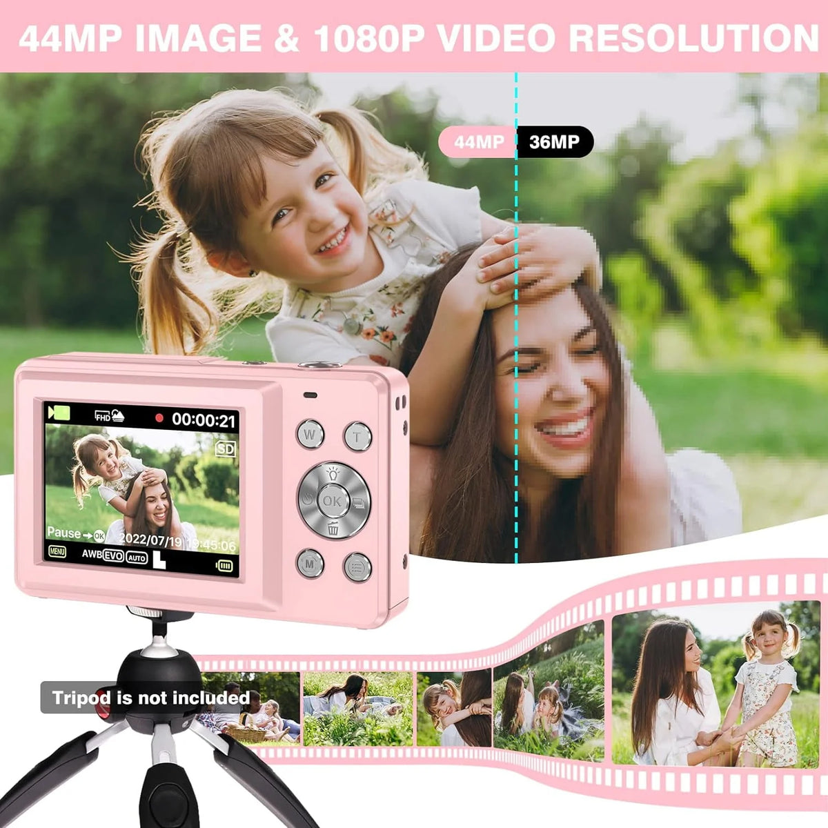 Black 1080P 44MP Kids Digital Camera with 16X Zoom W7228