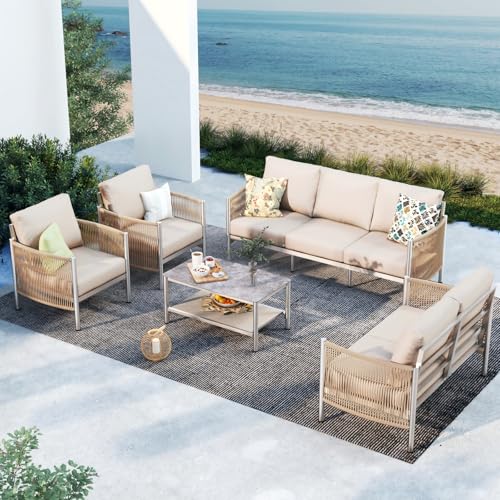 Aluminum HDPE Rope 5 Piece Patio Furniture Set with Coffee Table F26819
