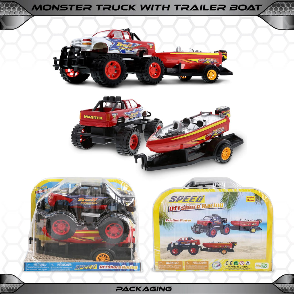 Red Black 9 Inch Truck with Detachable Trailer and 10 Inch Boat Friction Push Powered Playset Y956