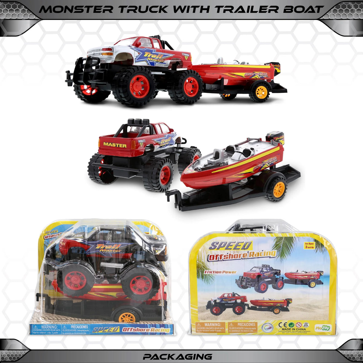 Red Black 9 Inch Truck with Detachable Trailer and 10 Inch Boat Friction Push Powered Playset Y956