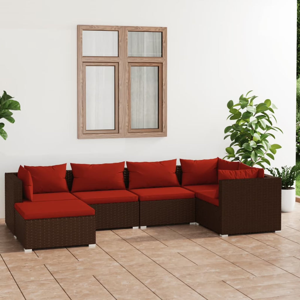 6 Piece Poly Rattan Brown Outdoor Sectional Sofa Set with Red Cushions E4929