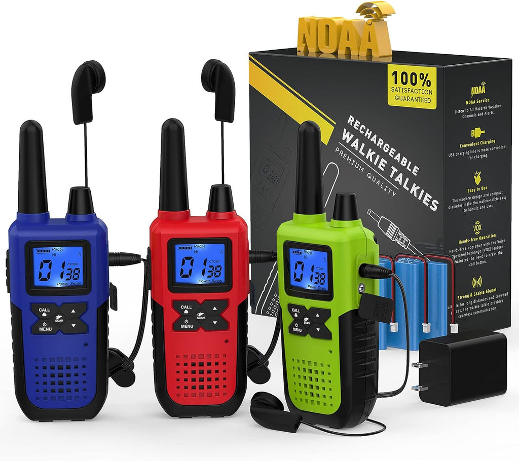 4 Pack Long Range 2 Way Radios Walkie Talkies with Earpiece and Mic USB Charger Battery Weather Alert E7485