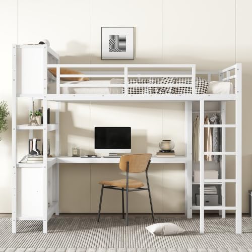 White Full Size Metal Loft Bed with Wardrobe and Desk A565146