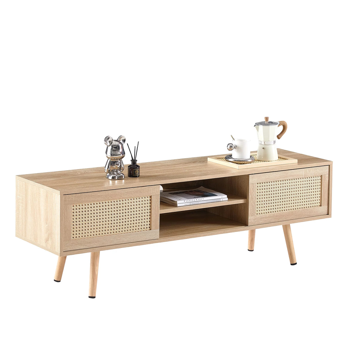 55.12" Rattan TV Cabinet with Sliding Doors and Adjustable Shelf V6633
