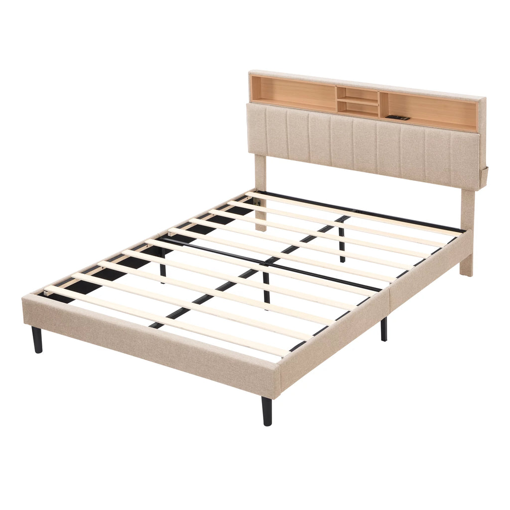 Queen Size Beige Linen Platform Bed with Storage Headboard and USB Port L12254