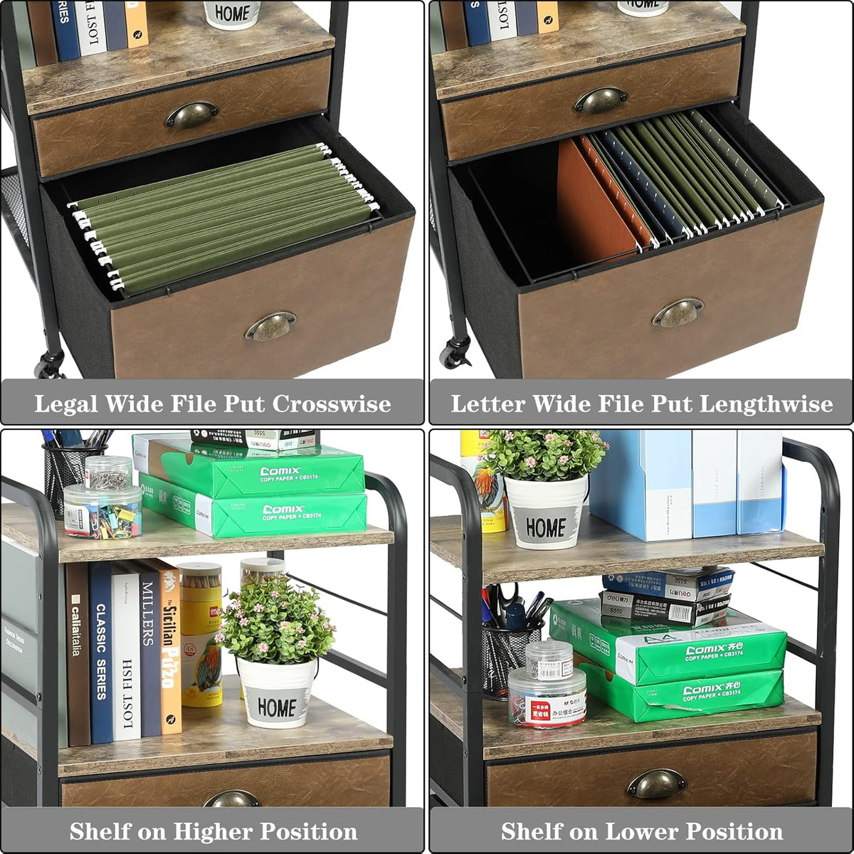 Mobile Printer Stand with File Cabinet, 3 Tier Rolling Cart with 2 Drawers Y58656