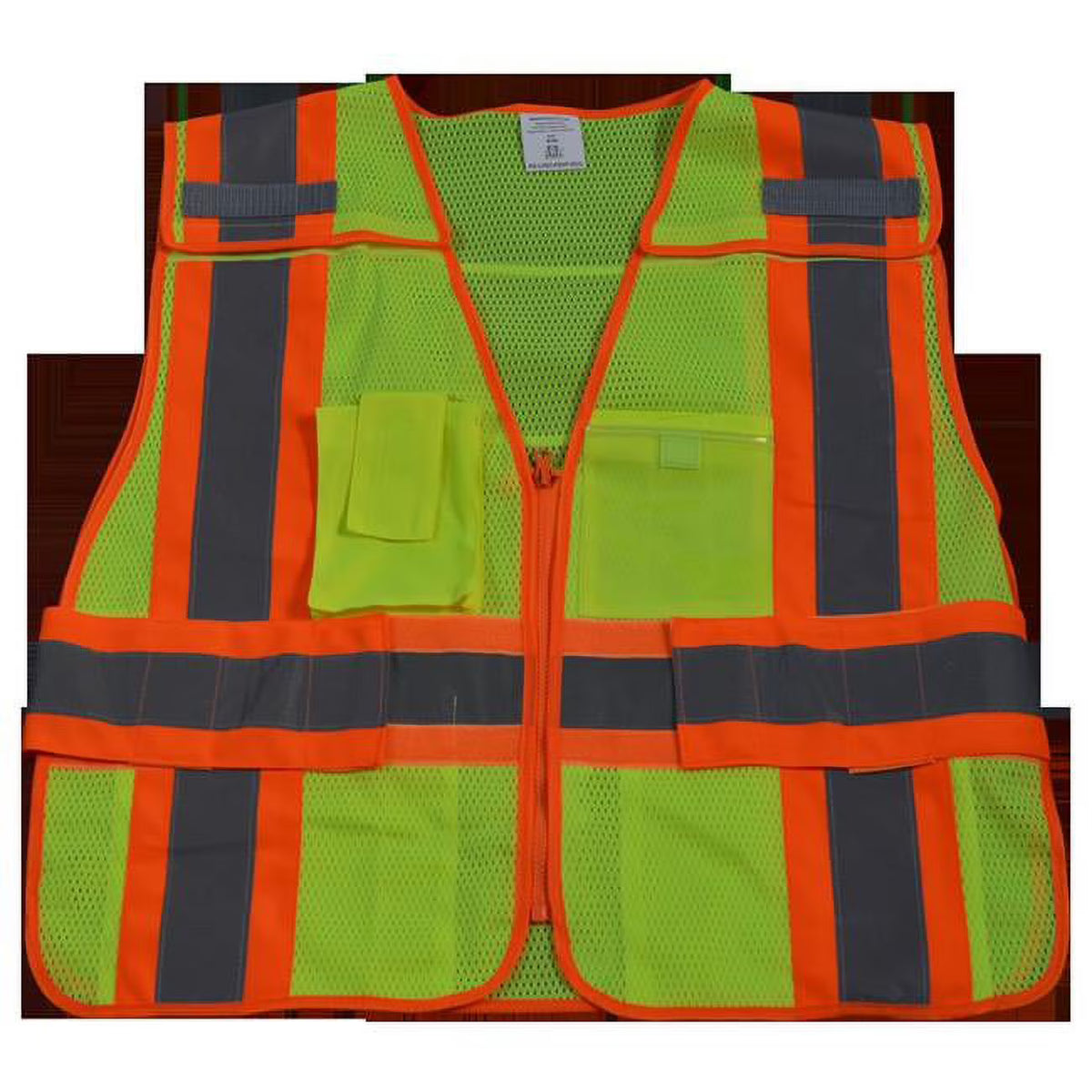 Public Safety Vest Lime Mesh with Orange Binding 5-Point & 5 Pockets Clear Pvc Pocket On Back, Super 6X & 8X U9064