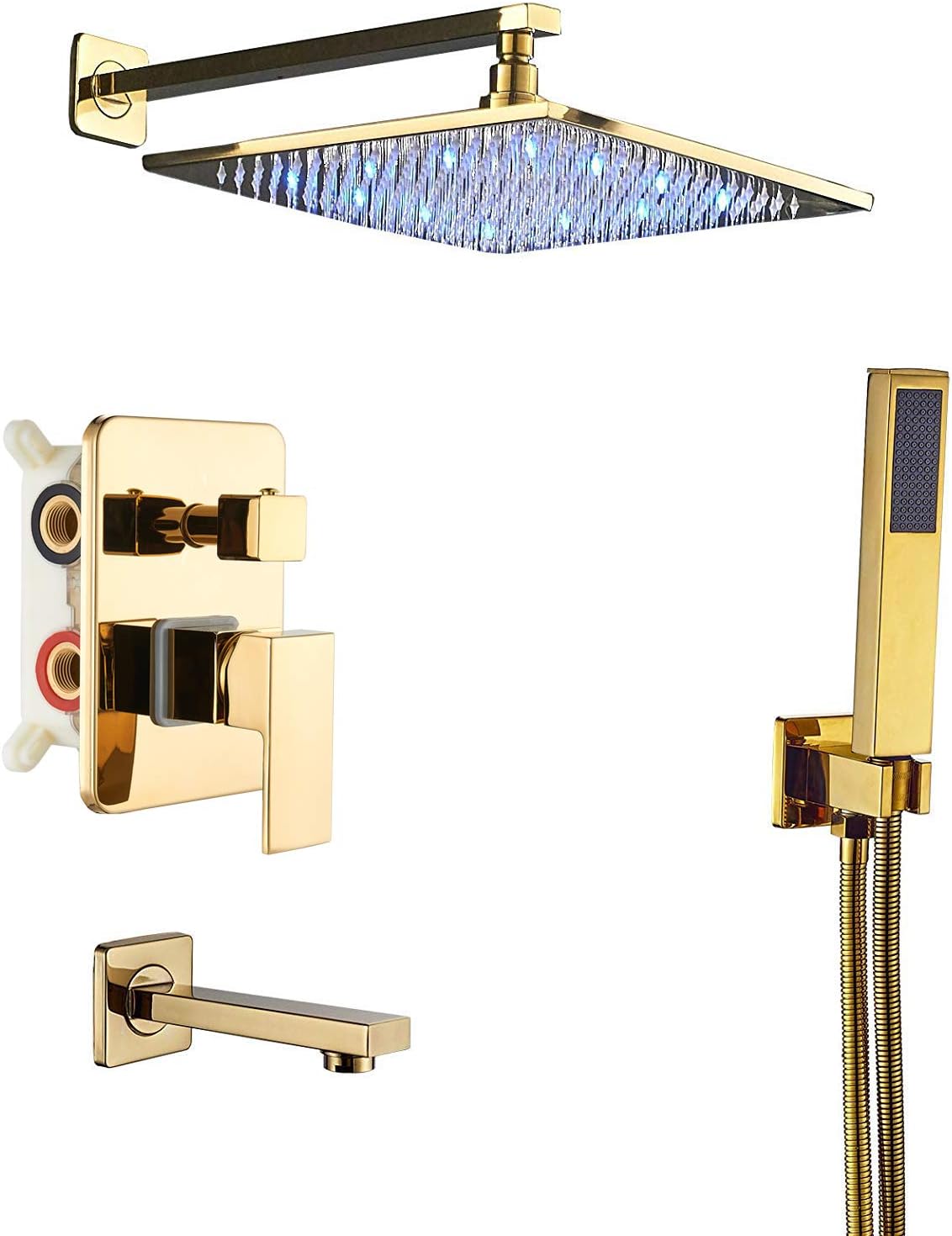 Black 3-way Mixer LED Color 12" Top Rain Shower Tub Spout Tap with Handheld Spray T490456