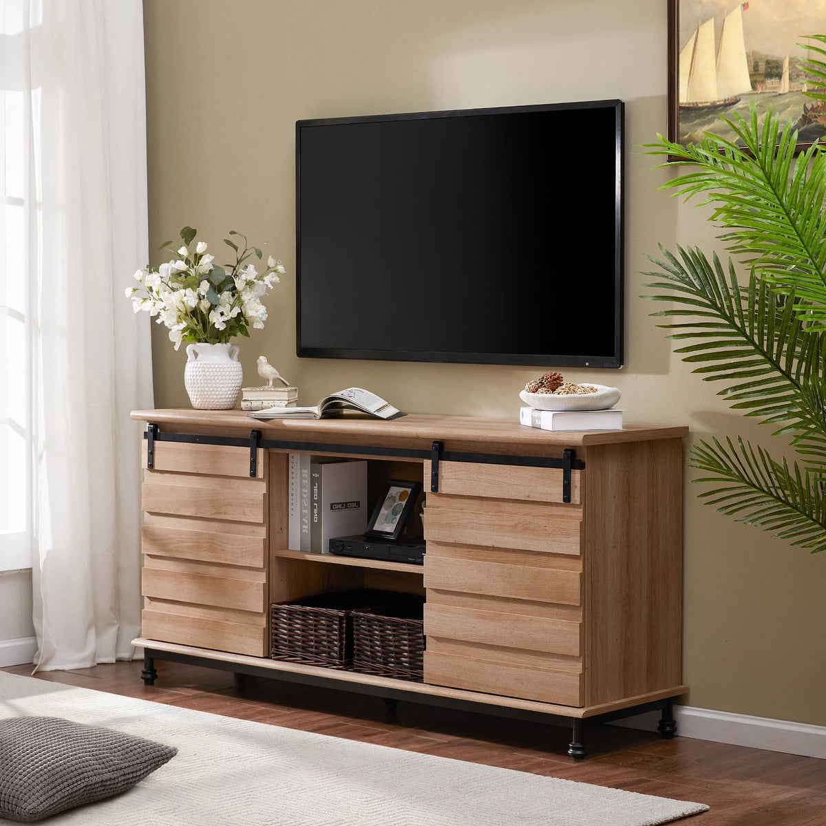 Light Brown TV Stand with Sliding Barn Door W52568