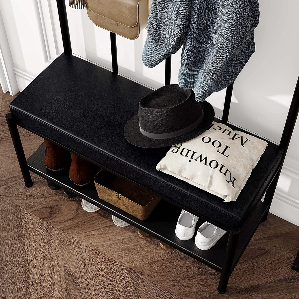 Black Freestanding Hall Tree with Storage Shelves T117