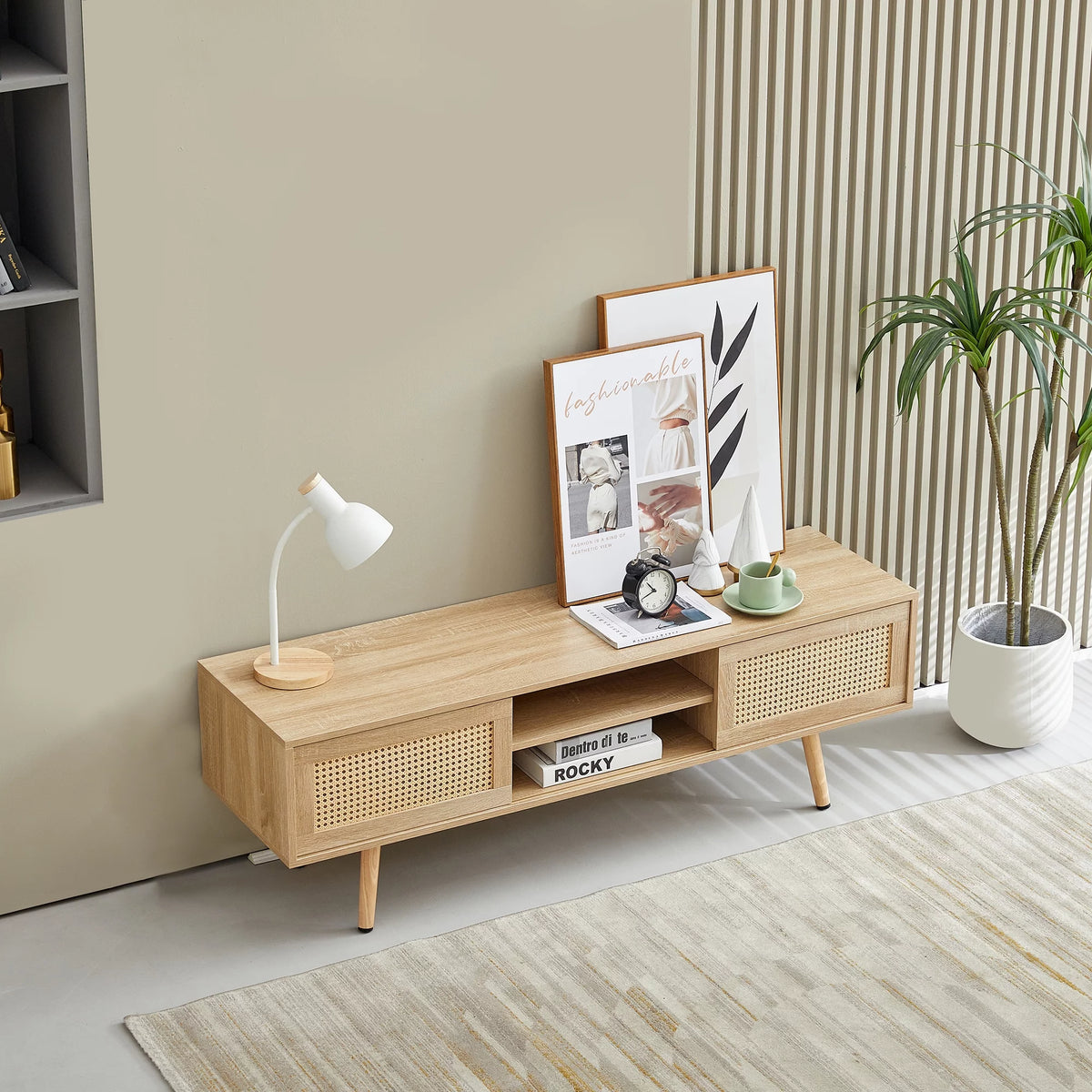 55.12" Rattan TV Cabinet with Sliding Doors and Adjustable Shelf V6633