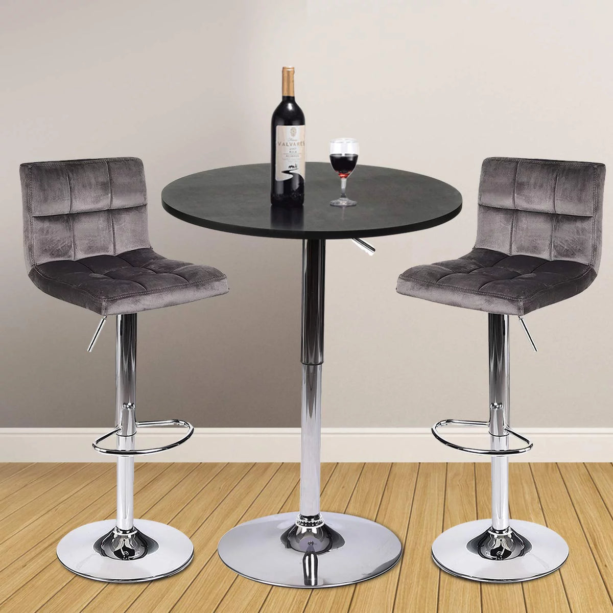 Set of 2 Gray Velvet Adjustable Swivel Bar Stool F6926