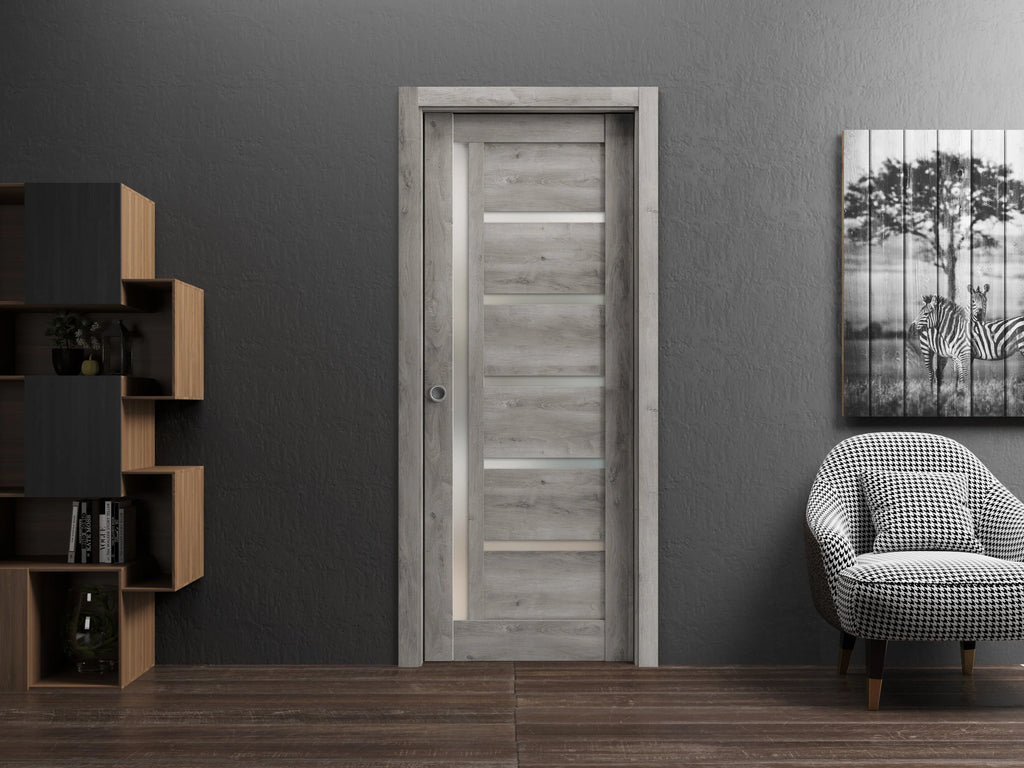 Sliding French Pocket Door 18 x 80 inches with Frosted Glass Solid Wood Interior Door E90326