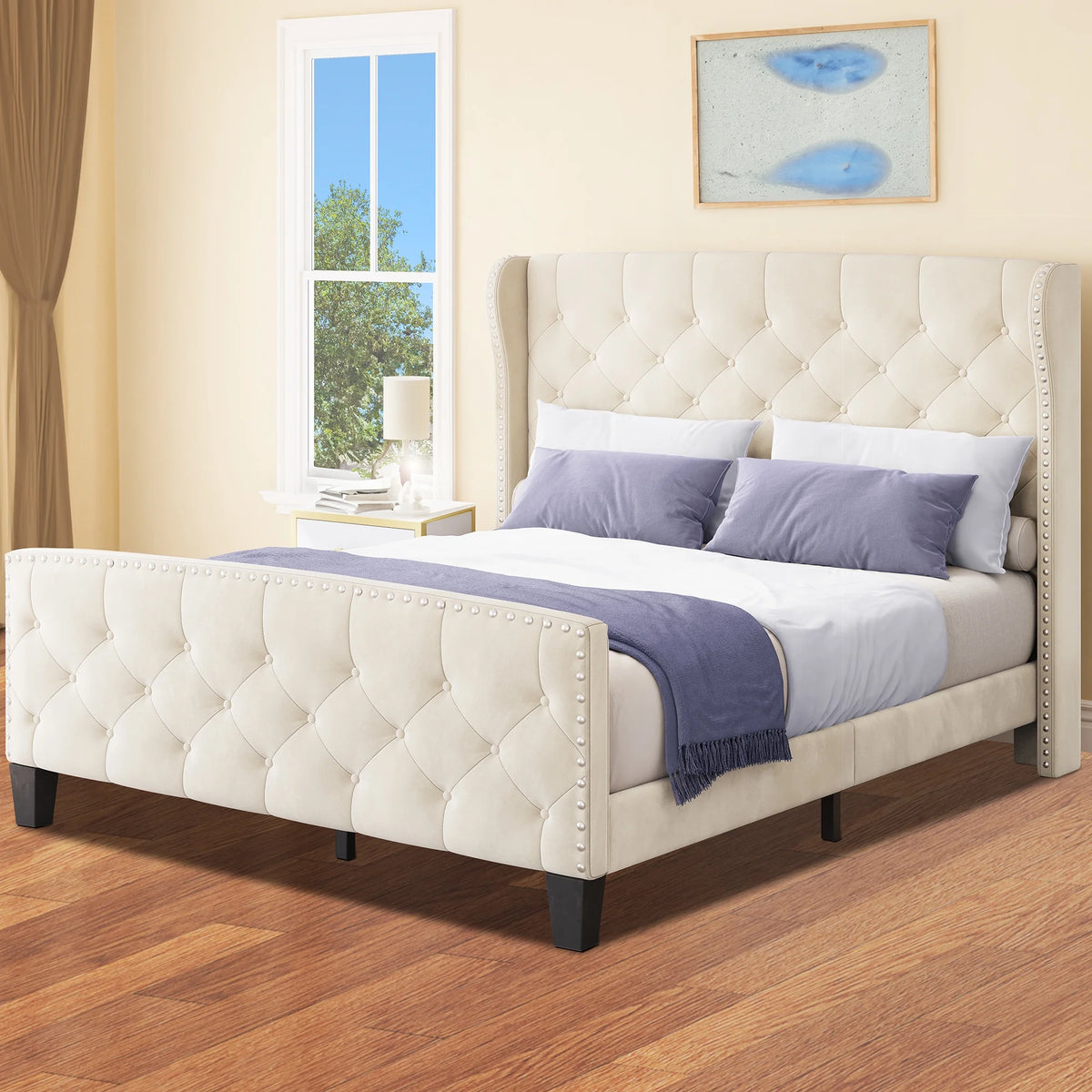 Queen Size Grey Velvet Upholstered Platform Bed Frame L575469