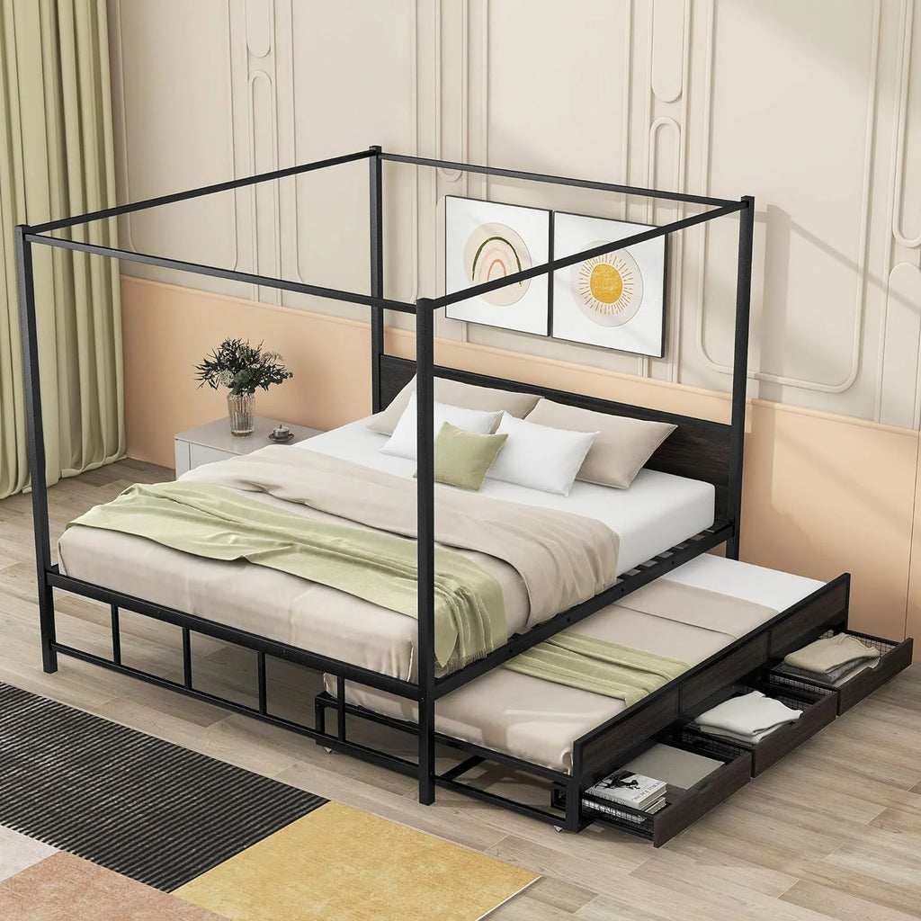 Queen Metal Canopy Bed Frame with Headboard and 3 Storage Drawers F23240