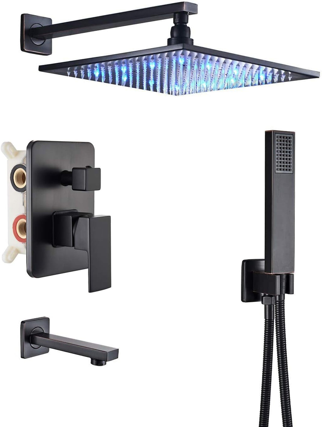 Black 3-way Mixer LED Color 12" Top Rain Shower Tub Spout Tap with Handheld Spray T490456