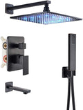 Black 3-way Mixer LED Color 12" Top Rain Shower Tub Spout Tap with Handheld Spray T490456