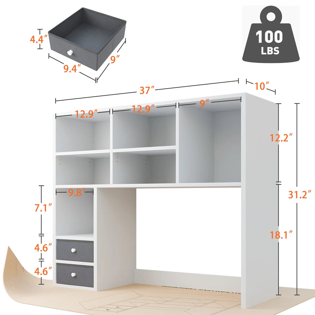 White Wood Desktop Bookshelf with 8 Shelves and 2 Drawers B58601