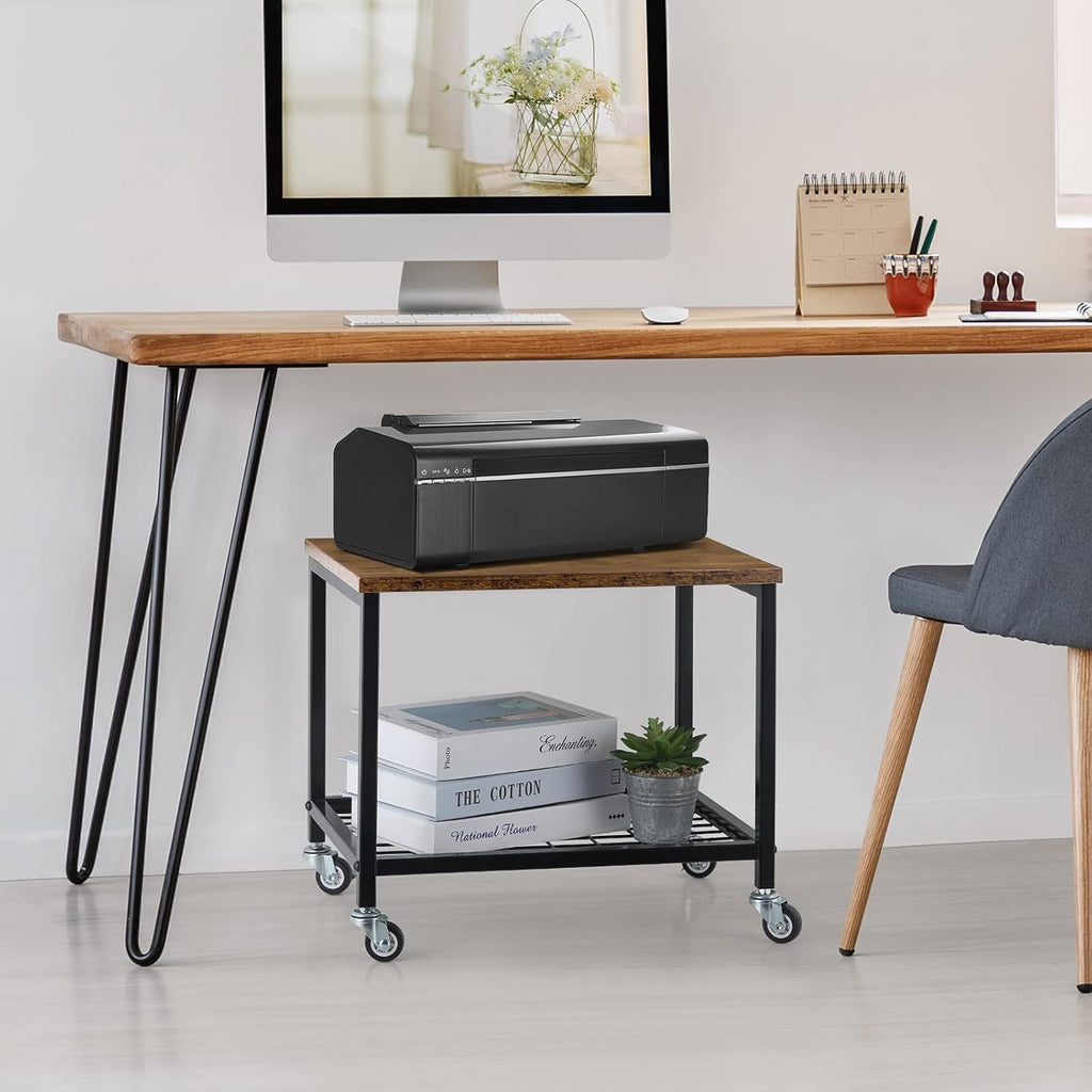 Rustic Brown and Black 2 Tier Printer Stand with Lockable Casters O3527