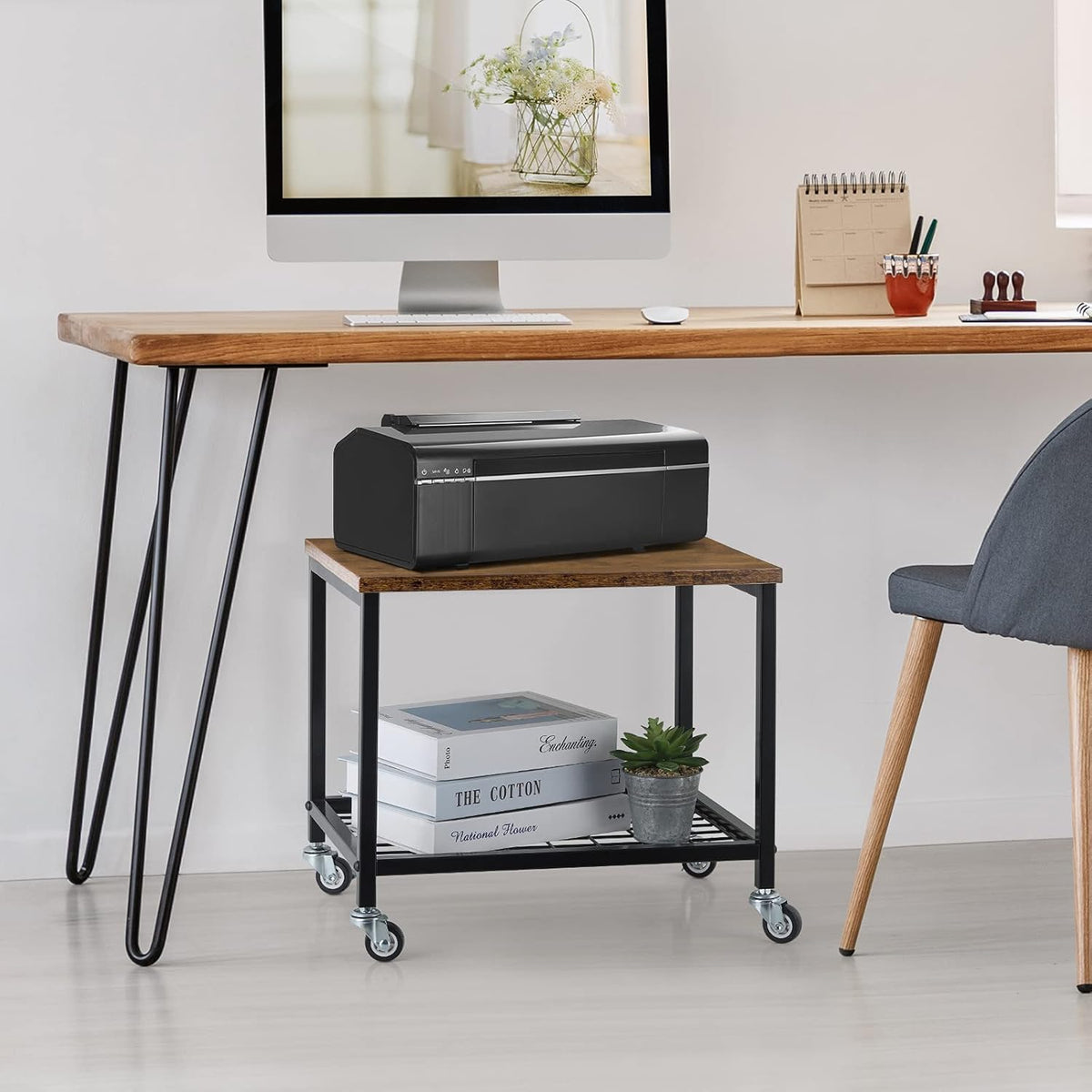 Rustic Brown and Black 2 Tier Printer Stand with Lockable Casters O3527