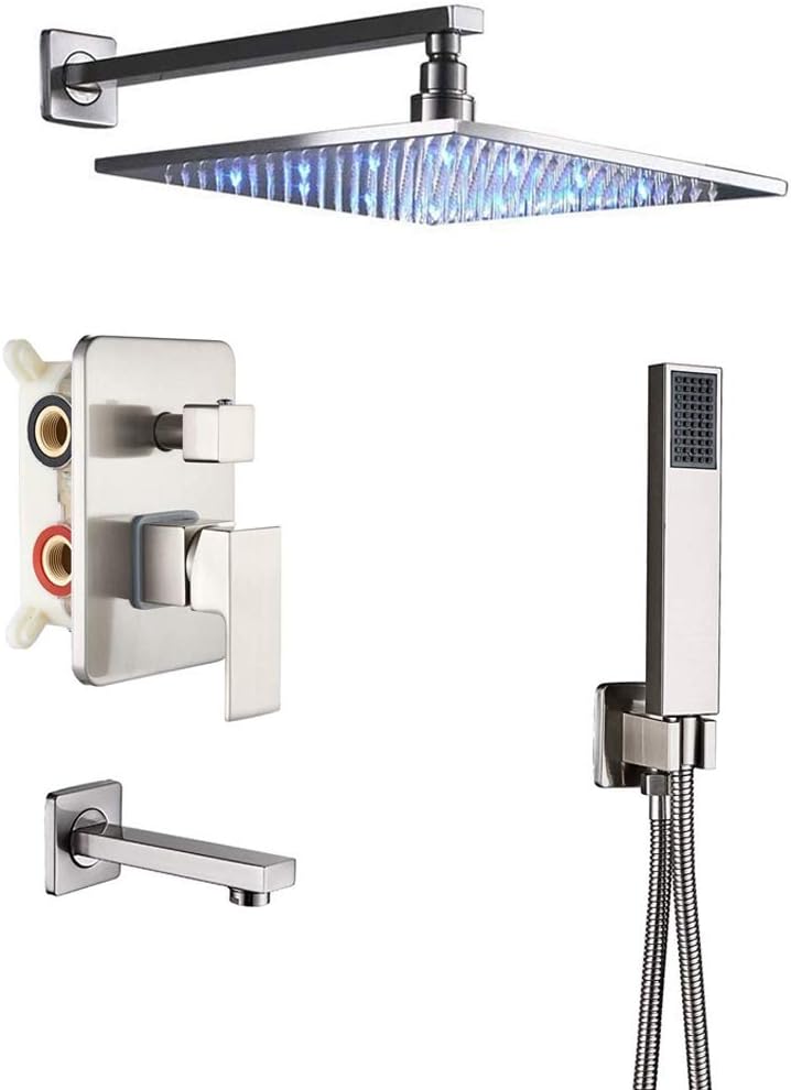 Black 3-way Mixer LED Color 12" Top Rain Shower Tub Spout Tap with Handheld Spray T490456