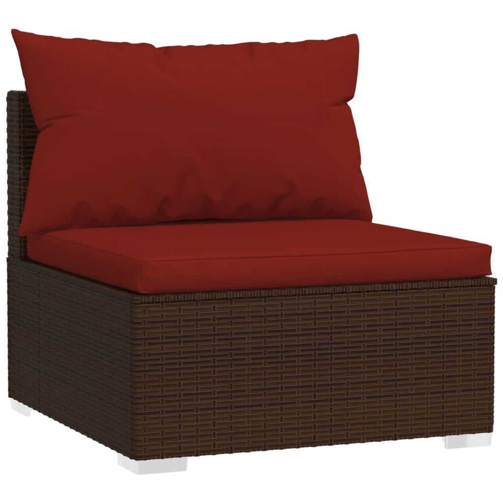 6 Piece Poly Rattan Brown Outdoor Sectional Sofa Set with Red Cushions E4929