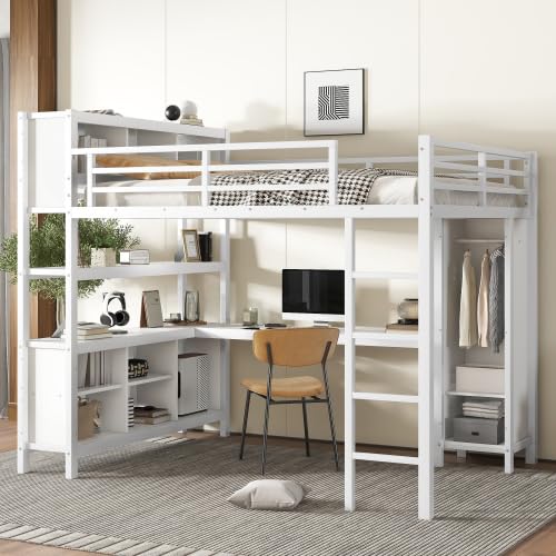 White Full Size Metal Loft Bed with Wardrobe and Desk A565146
