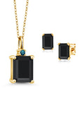 18K Yellow Gold Plated Black Onyx and Blue Diamond Pendant and Earrings Jewelry Set (4.28 Cttw, Emerald Cut, 18 inch Chain) W62312