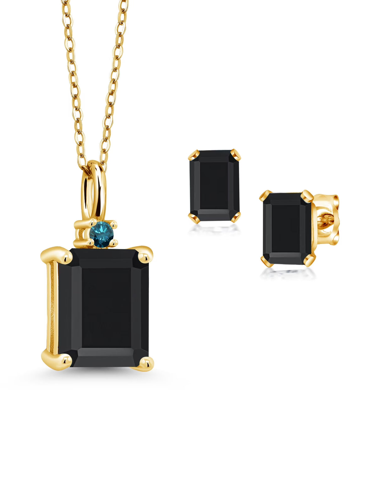 18K Yellow Gold Plated Black Onyx and Blue Diamond Pendant and Earrings Jewelry Set (4.28 Cttw, Emerald Cut, 18 inch Chain) W62312
